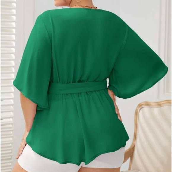 Plus Size Butterfly Peplum Sleeve Belted Top Blouse Shirt Green - Picture 2 of 6